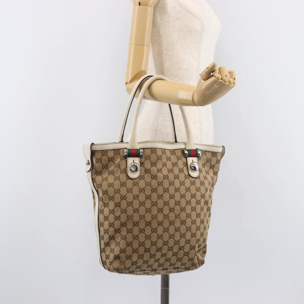 GUCCI GG Canvas Web Sherry Line Tote Bag Beige Silver 232970 Auth 209693