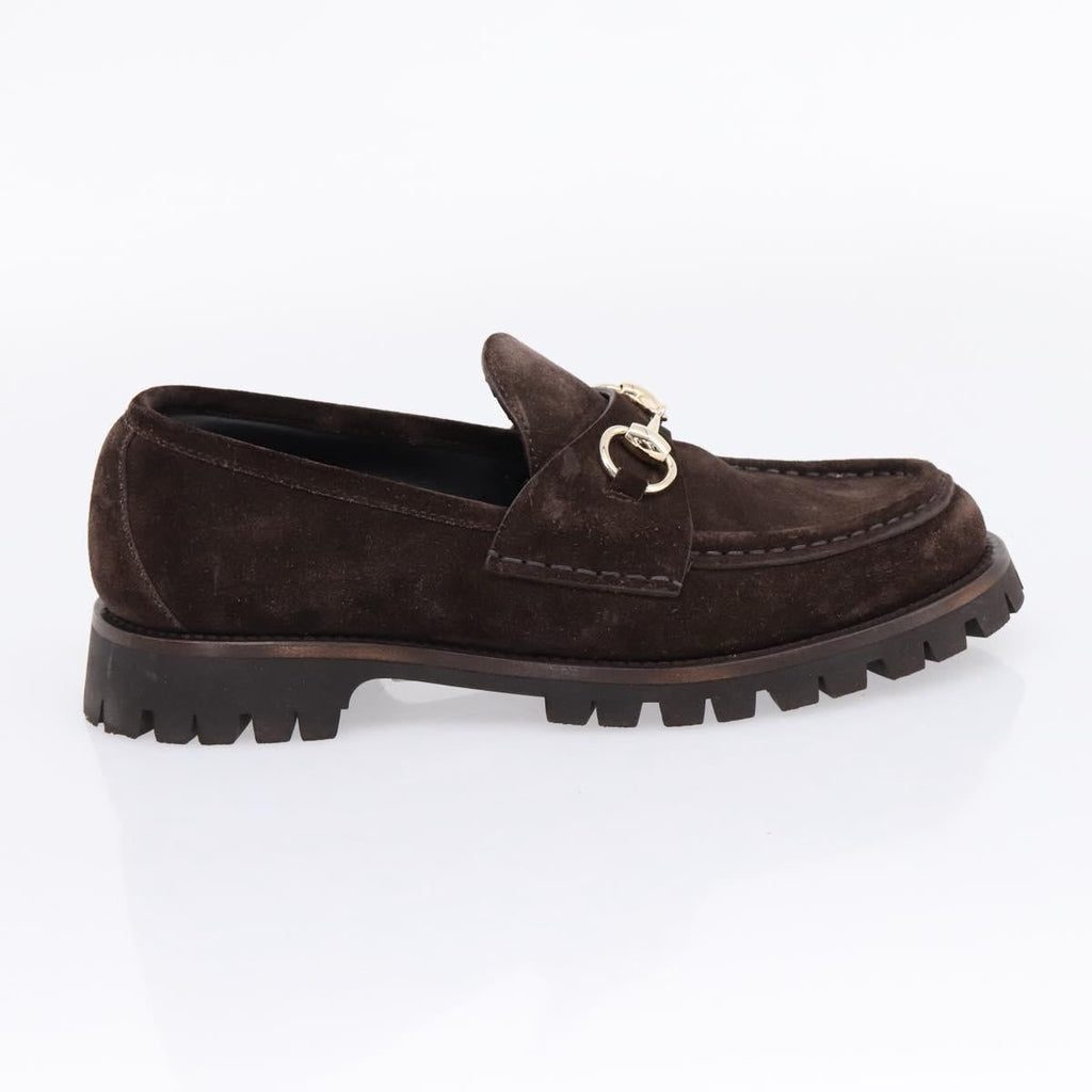 GUCCI Horsebit Loafers Suede 23.5 cm Brown Gold Auth 209950V