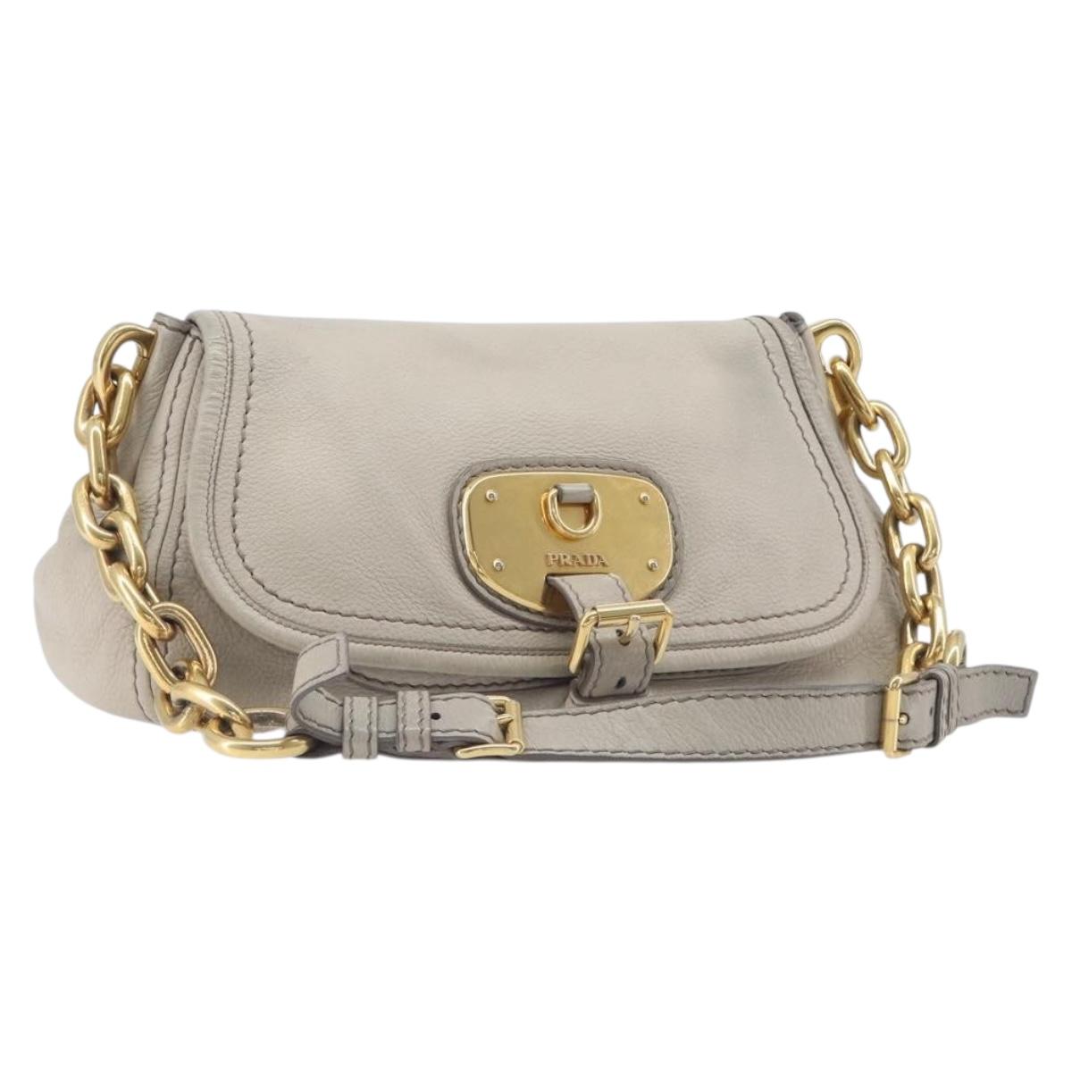 PRADA Chain Shoulder Bag Vittero Dino Leather Beige Gold Auth 209990A