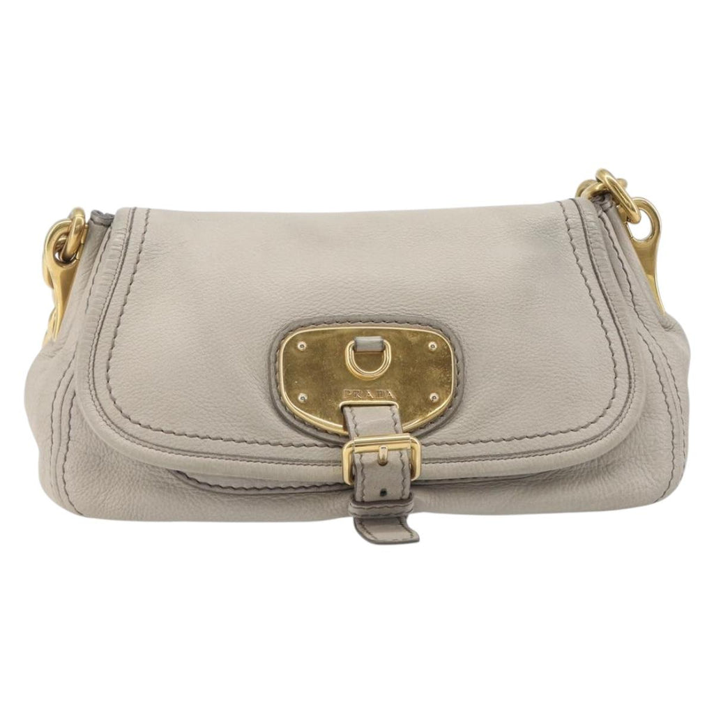 PRADA Chain Shoulder Bag Vittero Dino Leather Beige Gold Auth 209990A