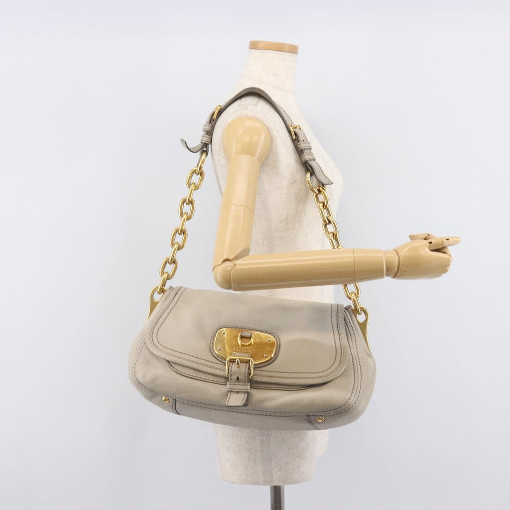 PRADA Chain Shoulder Bag Vittero Dino Leather Beige Gold Auth 209990A