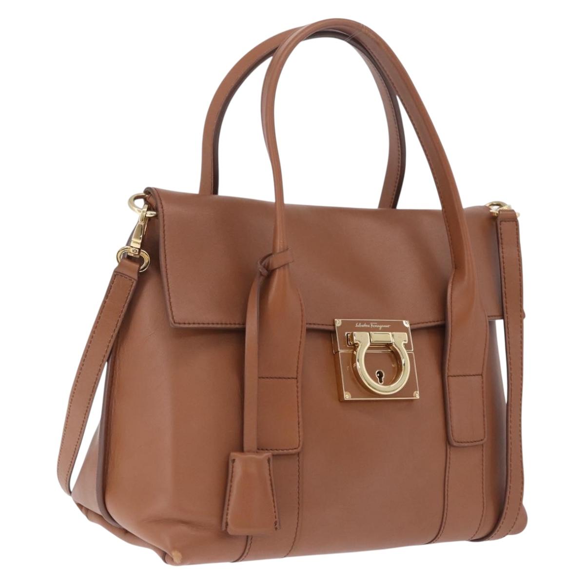 Salvatore Ferragamo Gancini Hand Bag Leather 2way Brown Gold Auth 210044V