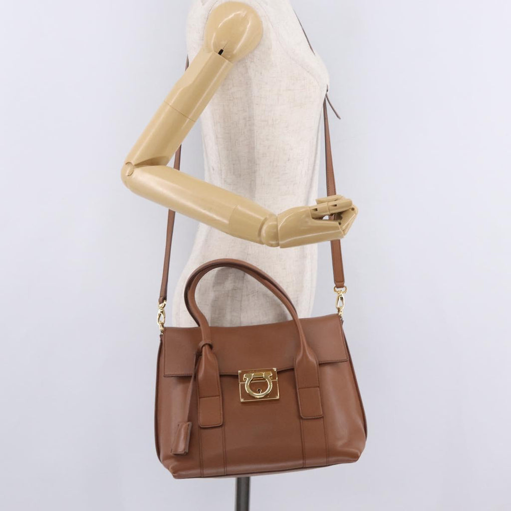 Salvatore Ferragamo Gancini Hand Bag Leather 2way Brown Gold Auth 210044V