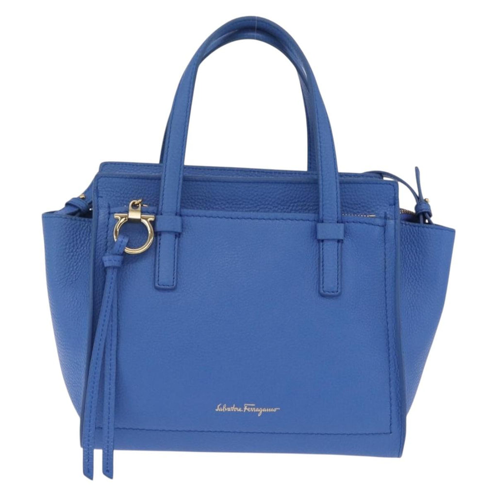 Salvatore Ferragamo Gancini Amy Hand Bag Leather 2way Blue Gold Auth 210060V