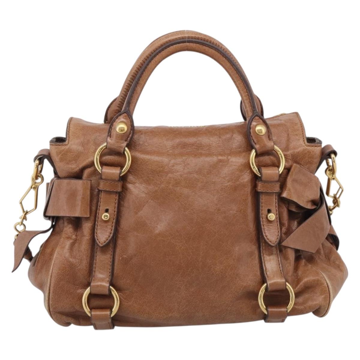 Miu Miu Hand Bag Vitellolux 2way Brown Gold Auth 210072V