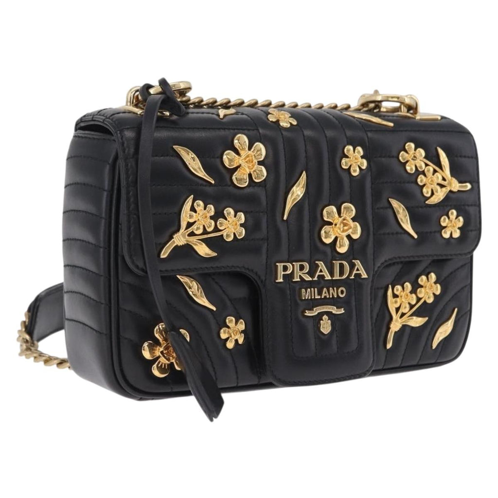 PRADA Chain Shoulder Bag Leather Black Gold Auth 210161SM