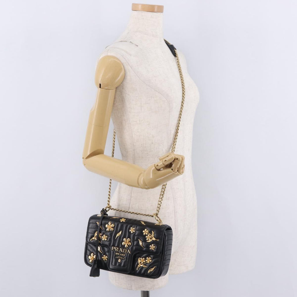 PRADA Chain Shoulder Bag Leather Black Gold Auth 210161SM