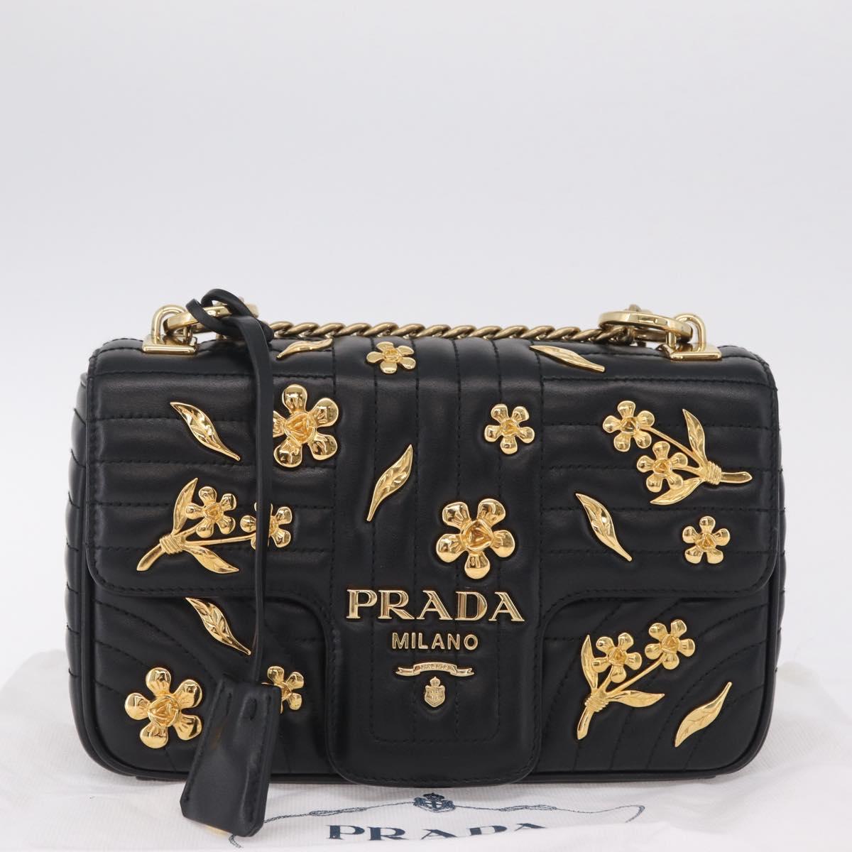 PRADA Chain Shoulder Bag Leather Black Gold Auth 210161SM