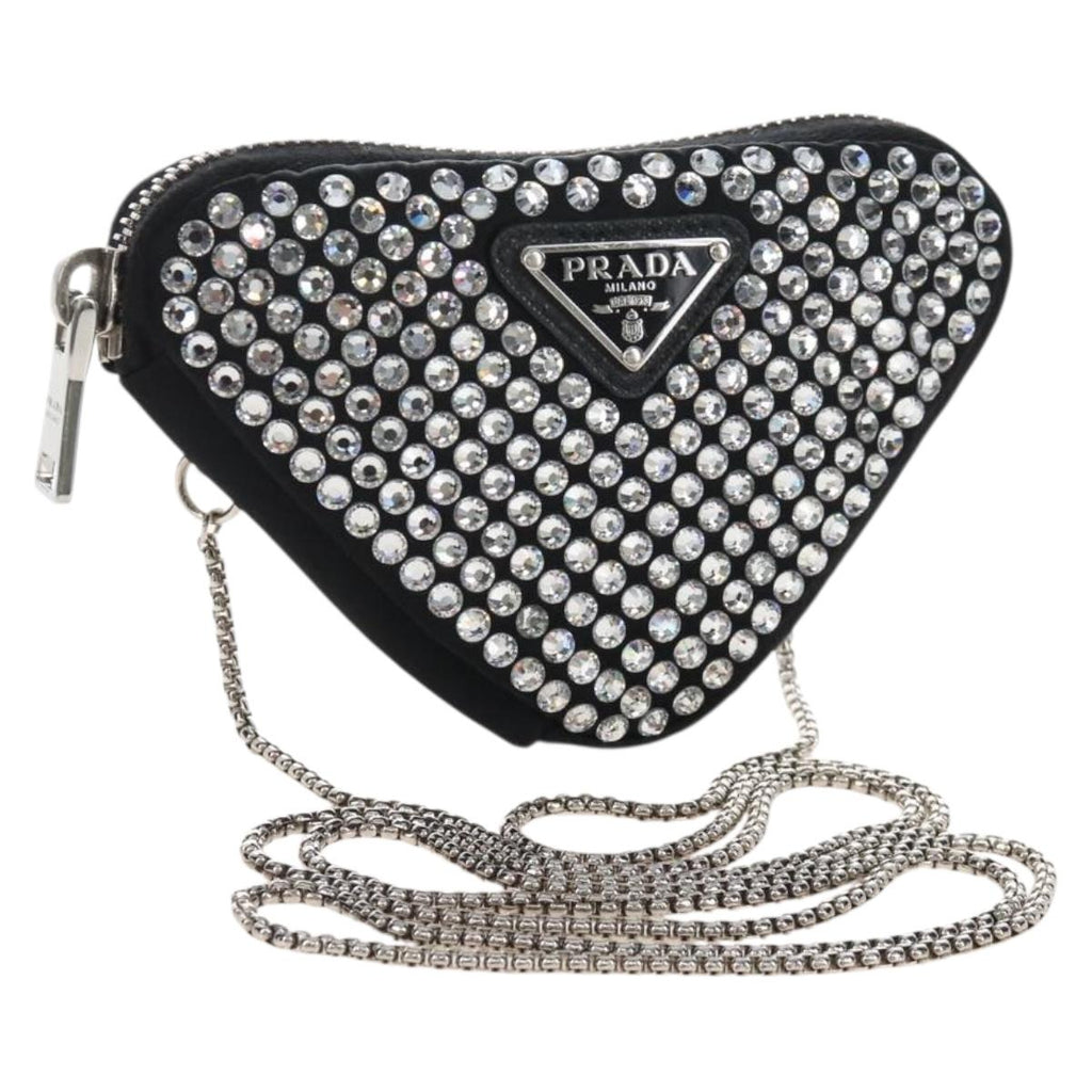 PRADA Triangle Chain Shoulder Pouch Satin Black Silver Auth 210184M