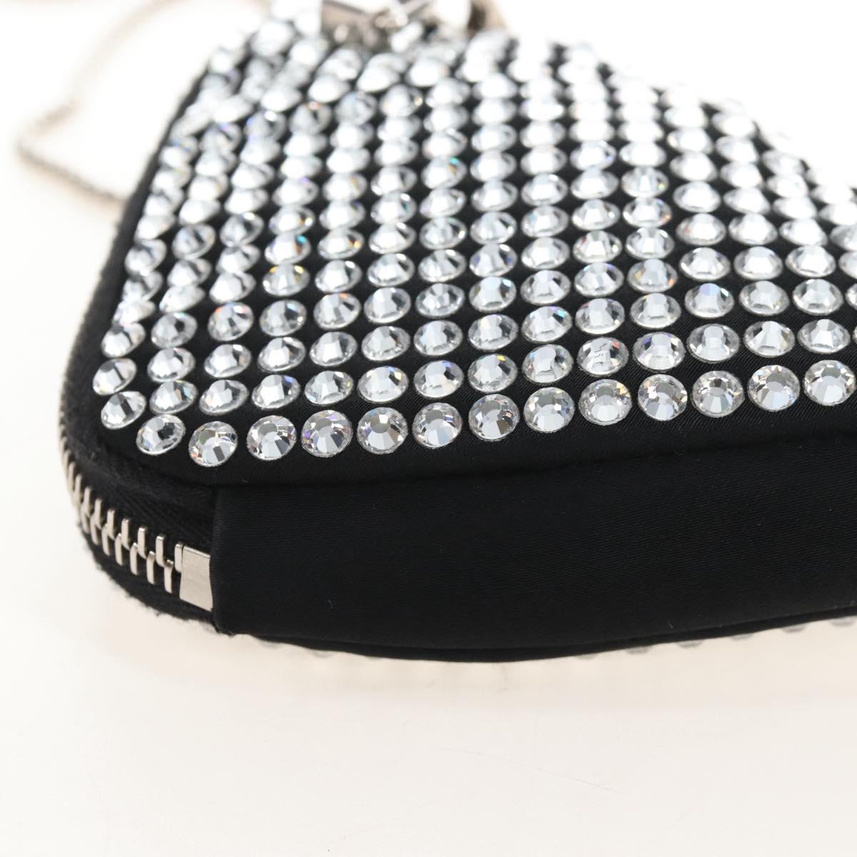 PRADA Triangle Chain Shoulder Pouch Satin Black Silver Auth 210184M