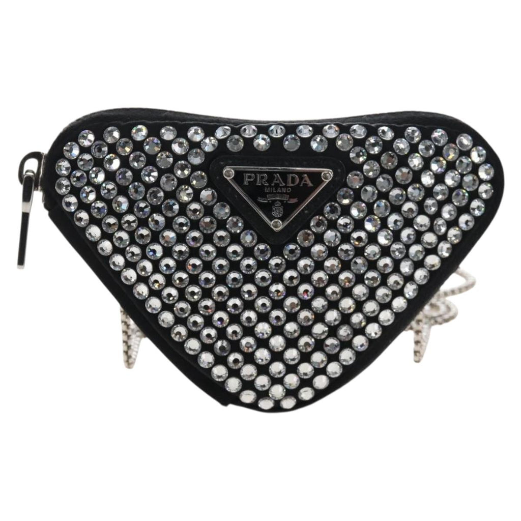 PRADA Triangle Chain Shoulder Pouch Satin Black Silver Auth 210184M