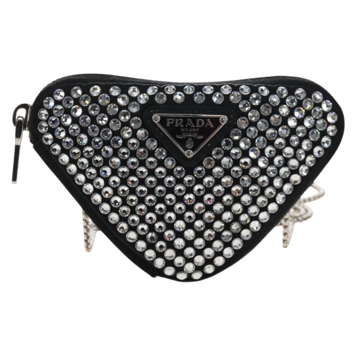 PRADA Triangle Chain Shoulder Pouch Satin Black Silver Auth 210184M