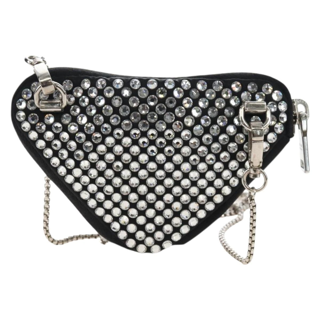 PRADA Triangle Chain Shoulder Pouch Satin Black Silver Auth 210184M