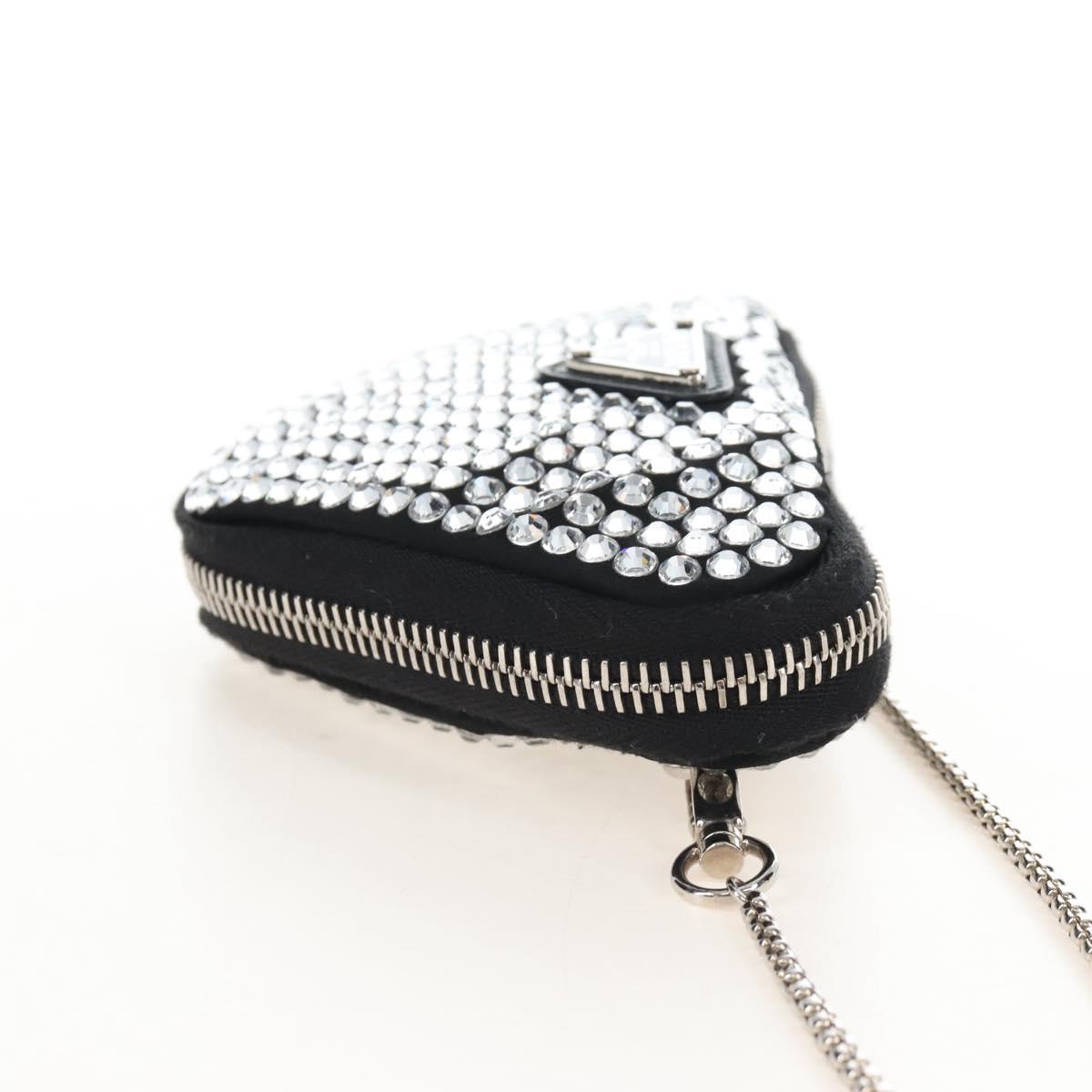 PRADA Triangle Chain Shoulder Pouch Satin Black Silver Auth 210184M