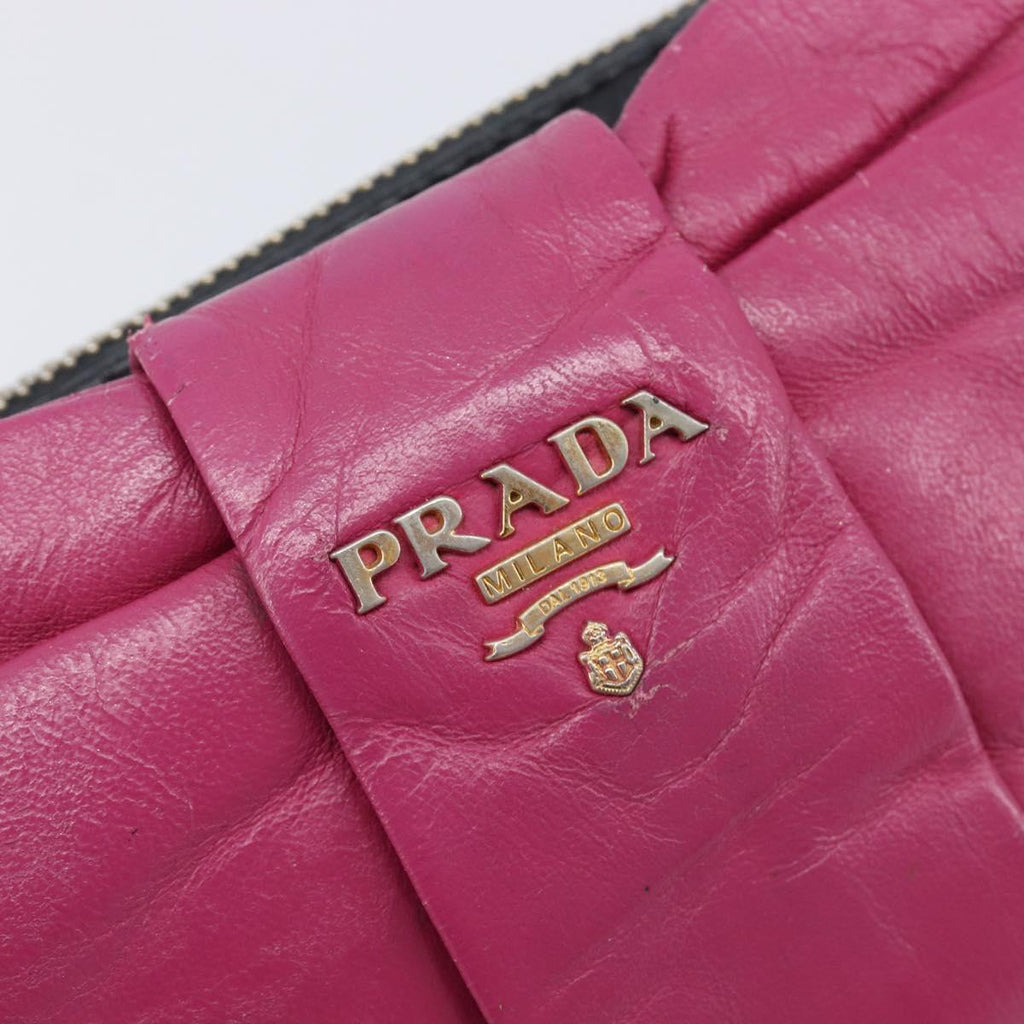 PRADA Ribbon Pouch Leather Black Gold Auth 210226