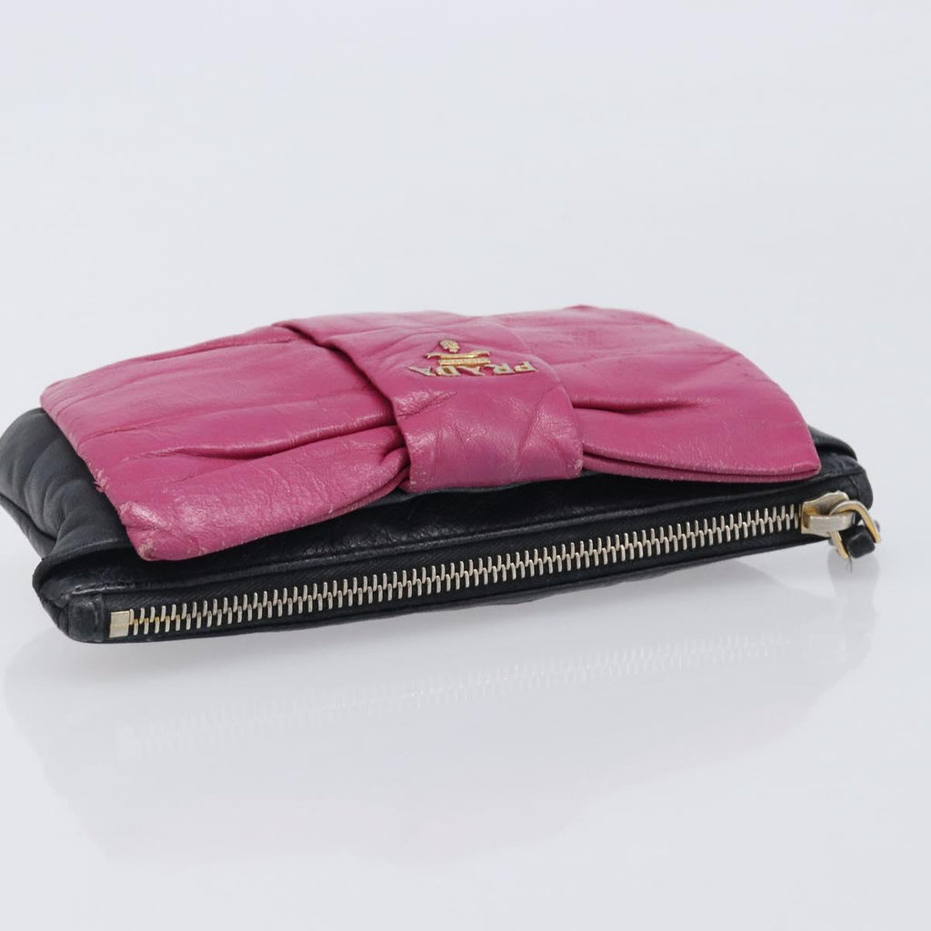 PRADA Ribbon Pouch Leather Black Gold Auth 210226