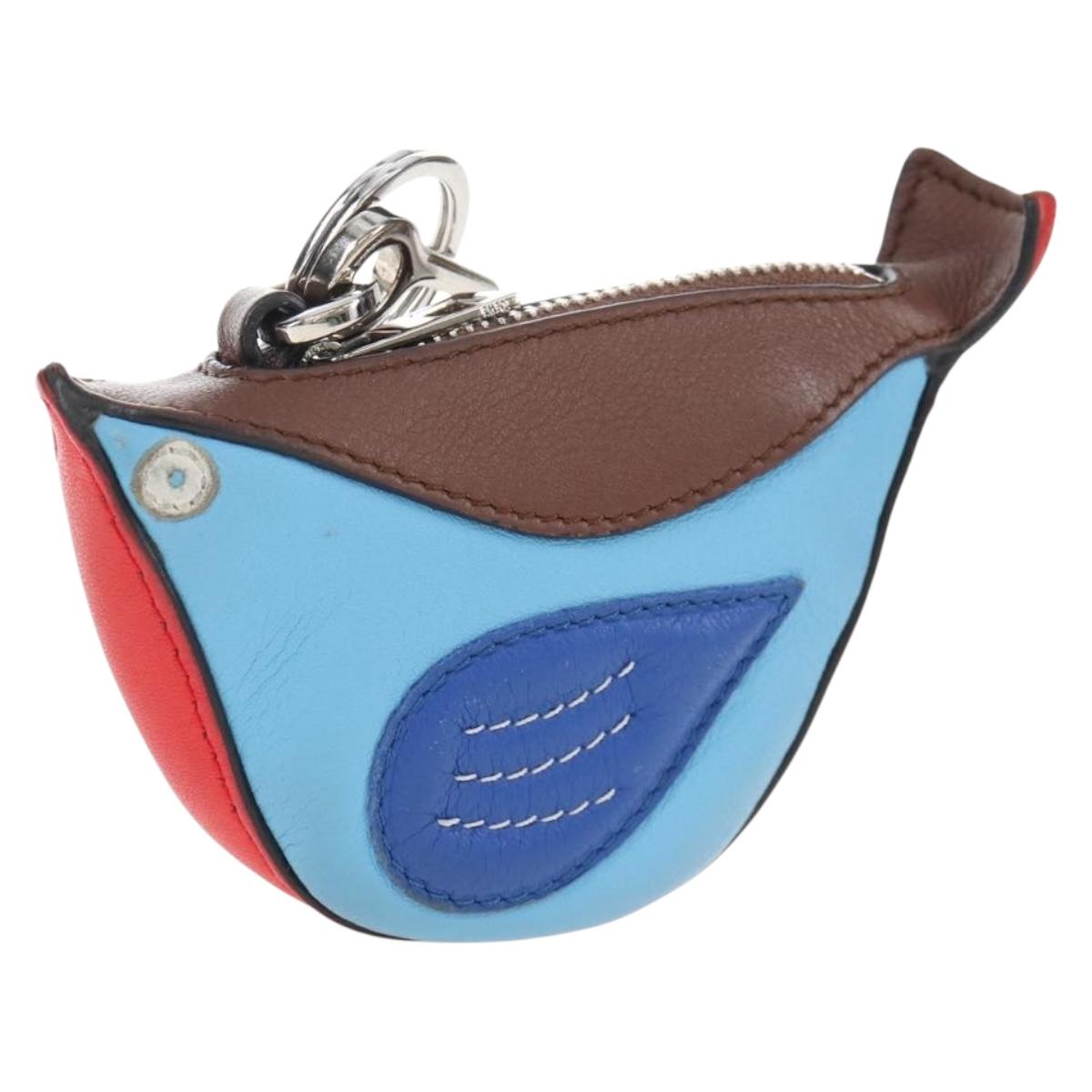 LOEWE Coin Purse Leather Light Blue Silver Auth 210536V