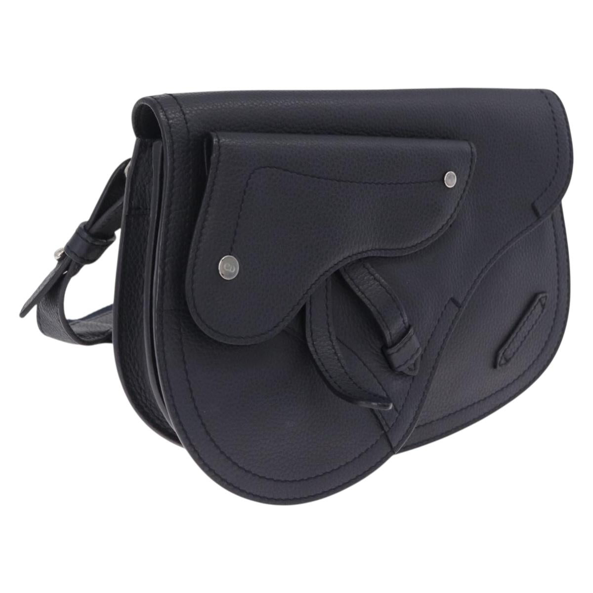 Christian Dior Saddle Messenger Shoulder Bag Leather Navy Silver Auth 210641V