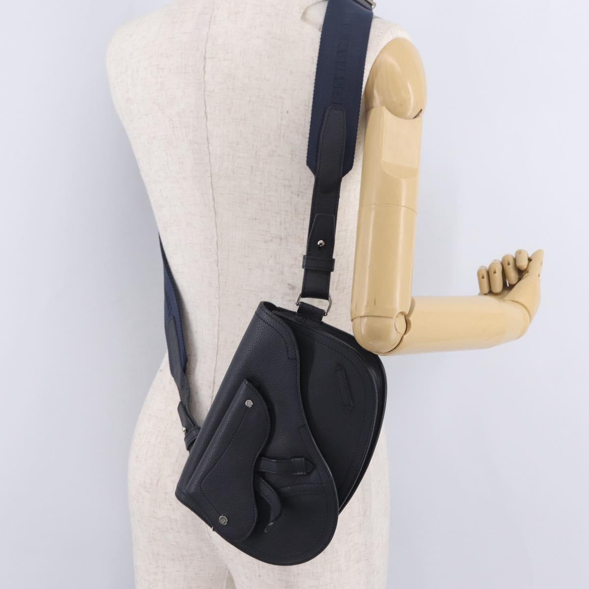 Christian Dior Saddle Messenger Shoulder Bag Leather Navy Silver Auth 210641V