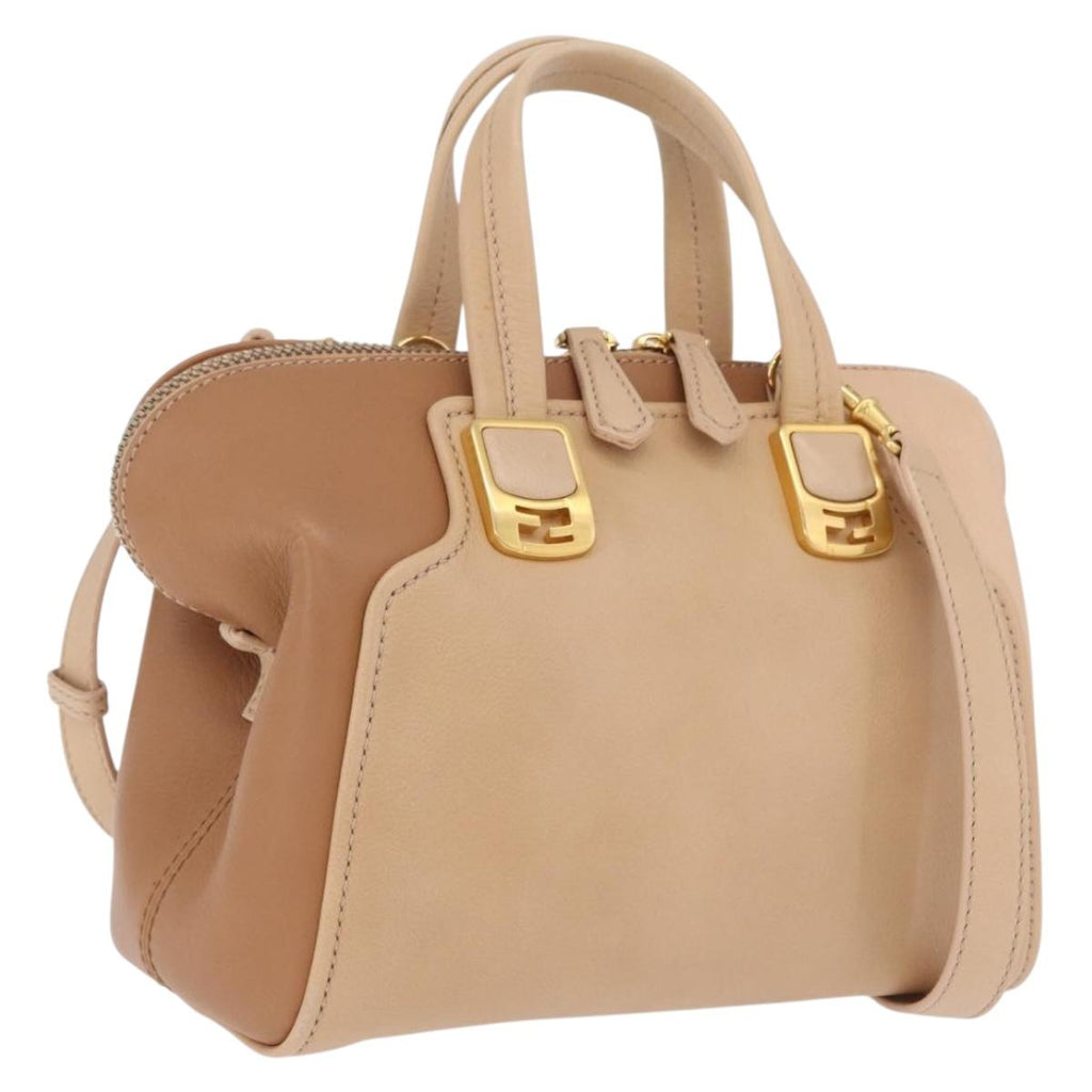 FENDI Chameleon Hand Bag Leather 2way Beige Gold F83 138 Auth 210647V