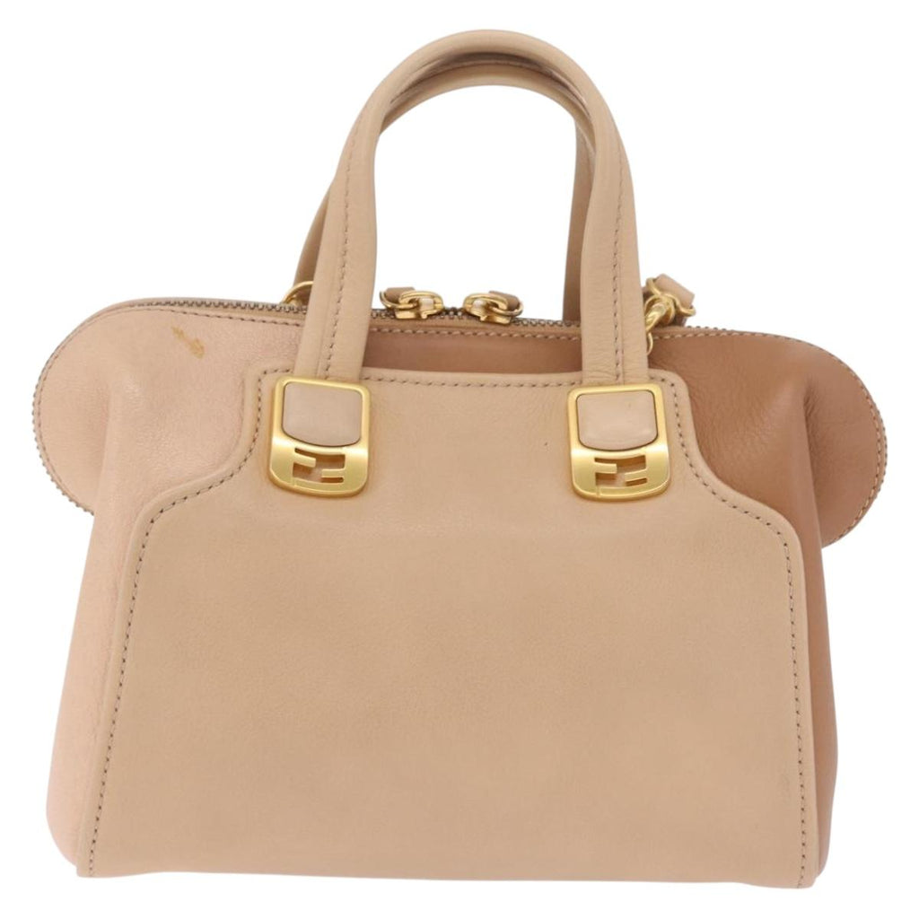 FENDI Chameleon Hand Bag Leather 2way Beige Gold F83 138 Auth 210647V