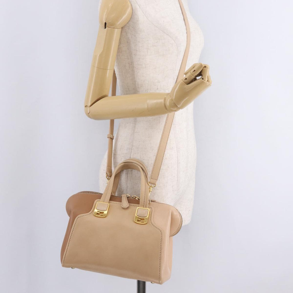FENDI Chameleon Hand Bag Leather 2way Beige Gold F83 138 Auth 210647V