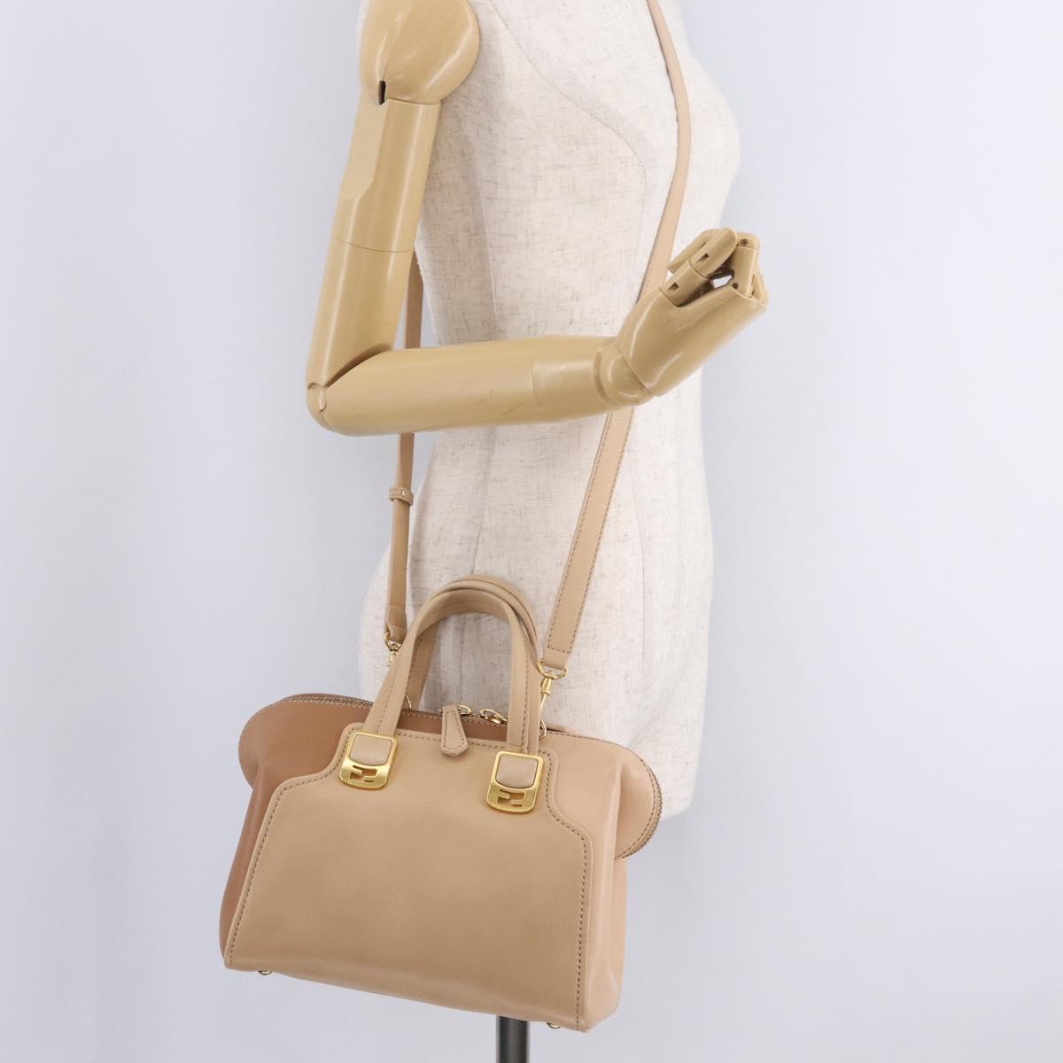 FENDI Chameleon Hand Bag Leather 2way Beige Gold F83 138 Auth 210647V