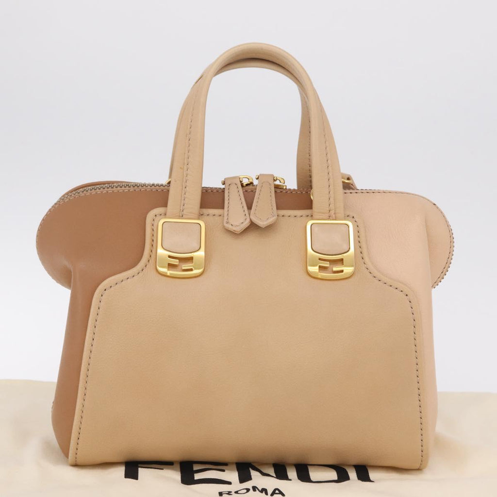 FENDI Chameleon Hand Bag Leather 2way Beige Gold F83 138 Auth 210647V