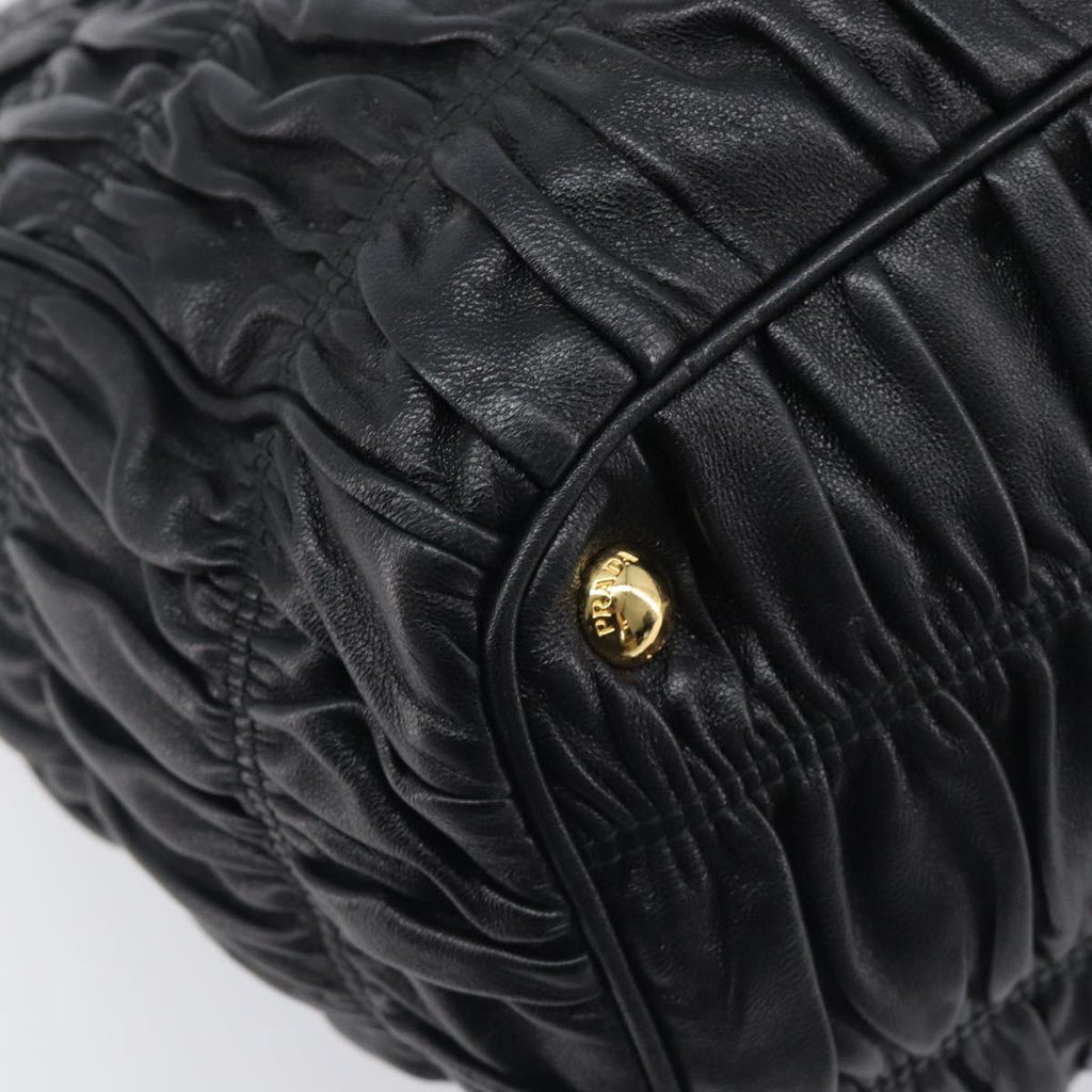 PRADA Gathered Hand Bag Leather Black Gold Auth 210740V