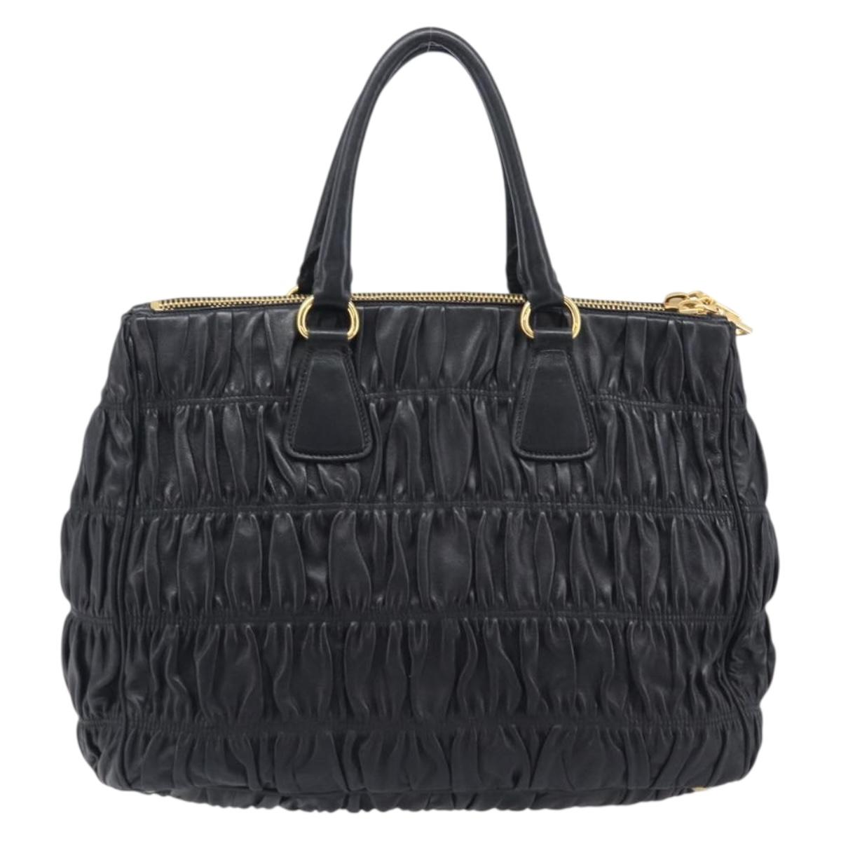 PRADA Gathered Hand Bag Leather Black Gold Auth 210740V