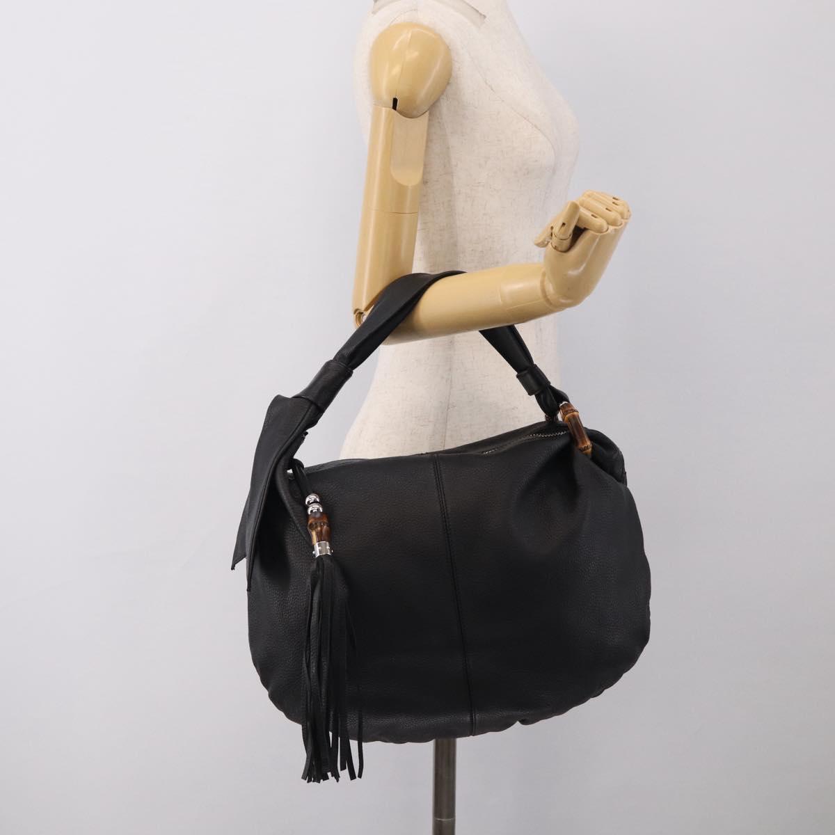 GUCCI Bamboo Shoulder Bag Leather Black Silver 232930 Auth 210779V