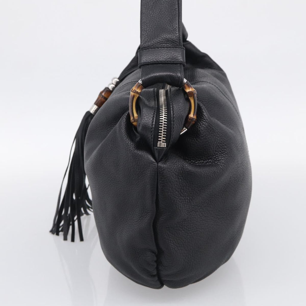 GUCCI Bamboo Shoulder Bag Leather Black Silver 232930 Auth 210779V