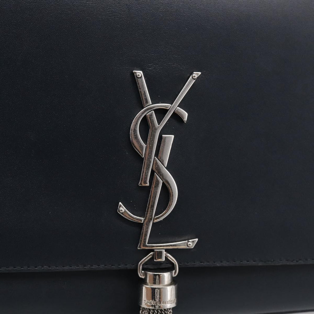 Saint Laurent Kate Chain Shoulder Bag Leather Navy Silver Auth 210824V