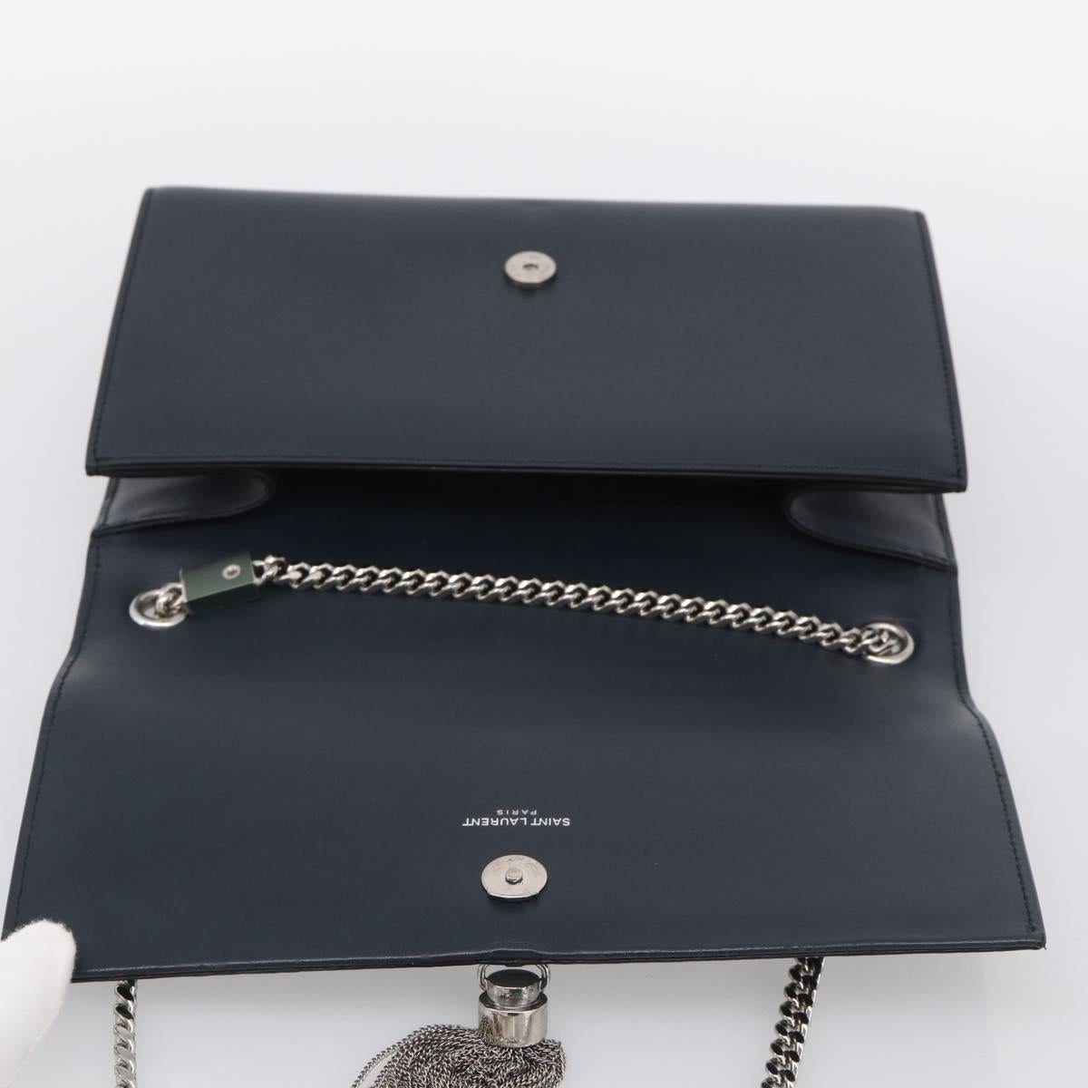 Saint Laurent Kate Chain Shoulder Bag Leather Navy Silver Auth 210824V