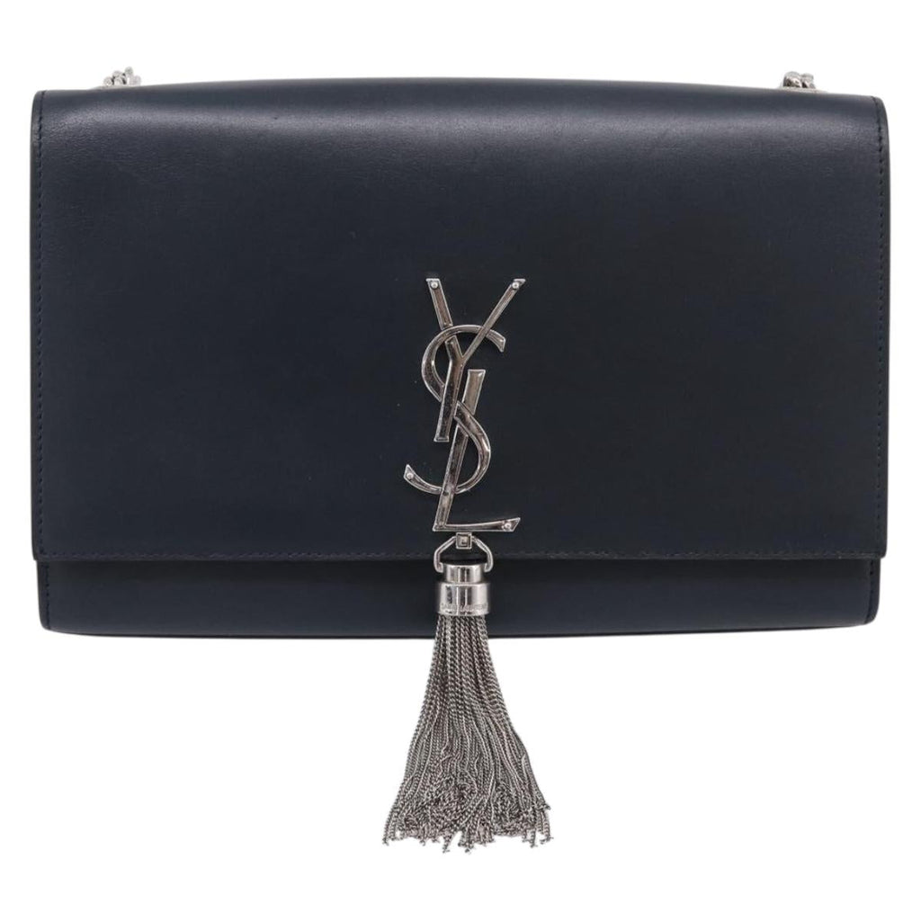 Saint Laurent Kate Chain Shoulder Bag Leather Navy Silver Auth 210824V