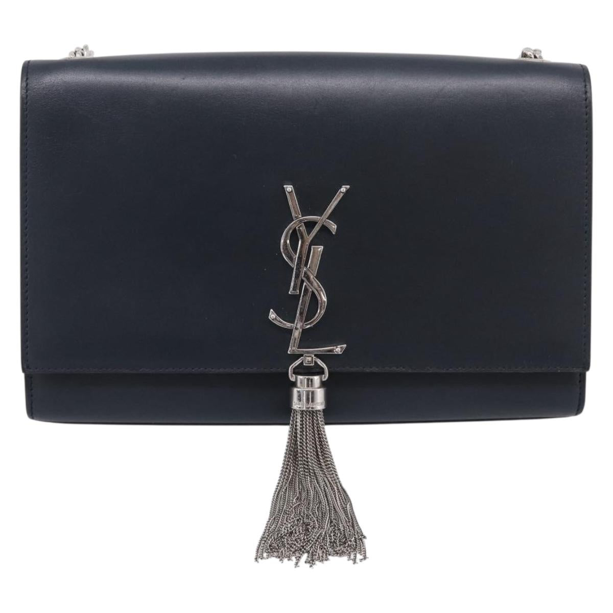 Saint Laurent Kate Chain Shoulder Bag Leather Navy Silver Auth 210824V
