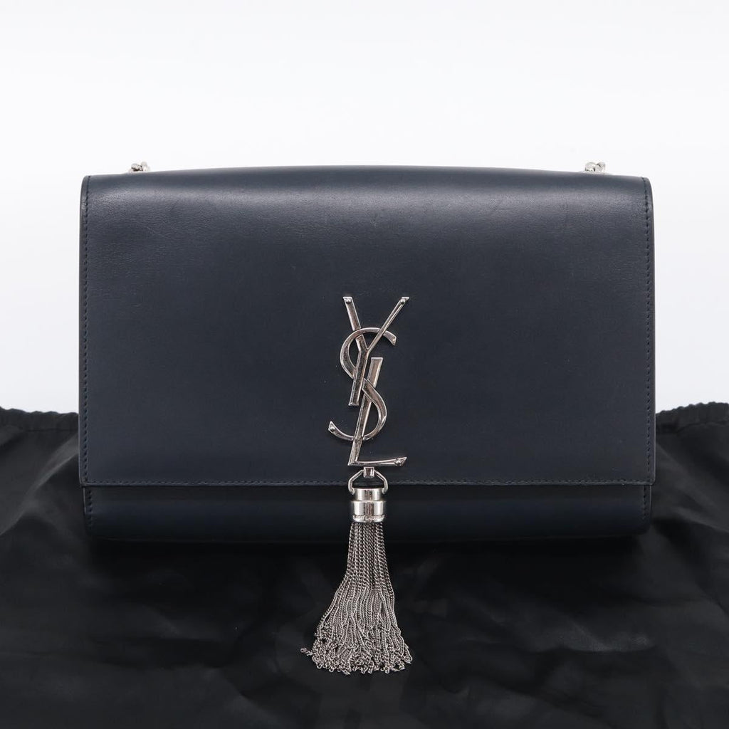 Saint Laurent Kate Chain Shoulder Bag Leather Navy Silver Auth 210824V