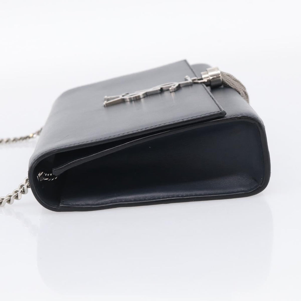 Saint Laurent Kate Chain Shoulder Bag Leather Navy Silver Auth 210824V