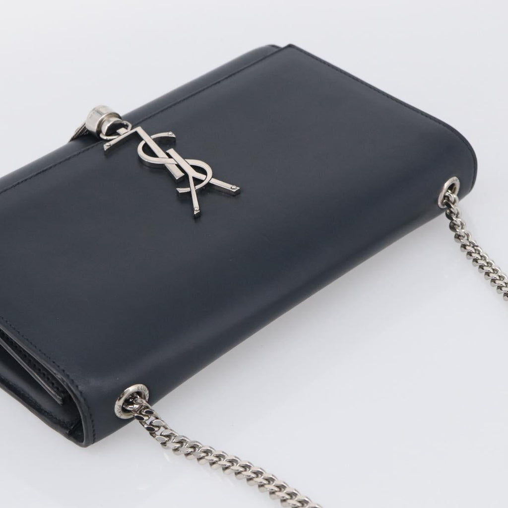 Saint Laurent Kate Chain Shoulder Bag Leather Navy Silver Auth 210824V