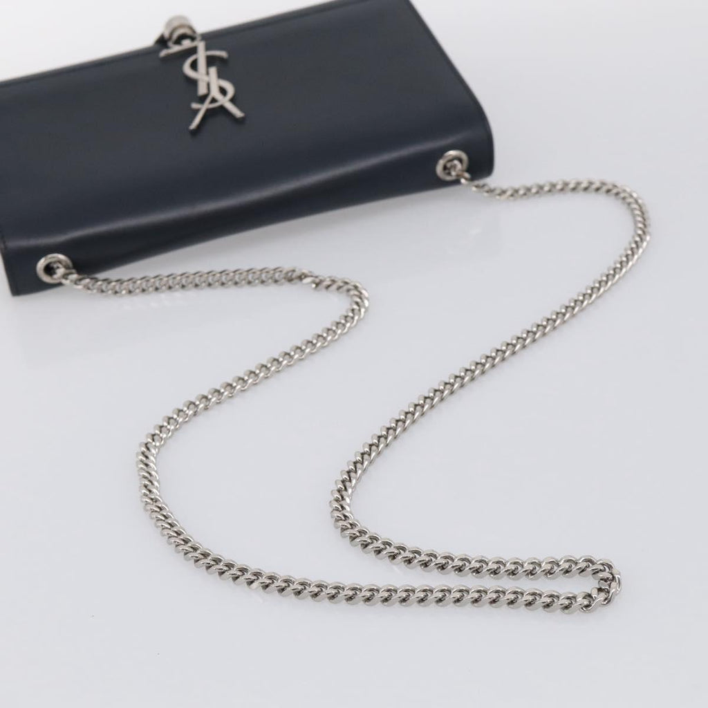 Saint Laurent Kate Chain Shoulder Bag Leather Navy Silver Auth 210824V