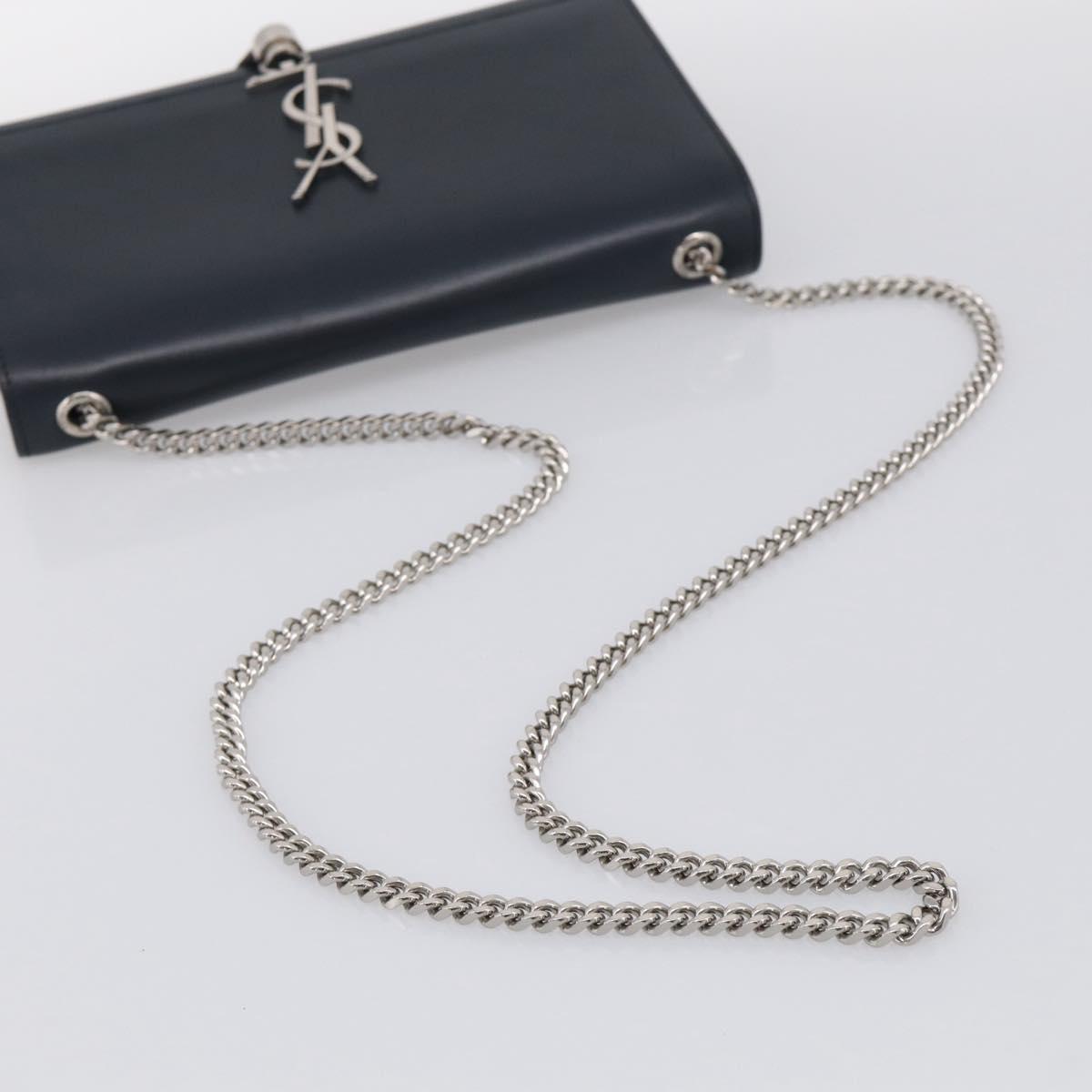 Saint Laurent Kate Chain Shoulder Bag Leather Navy Silver Auth 210824V