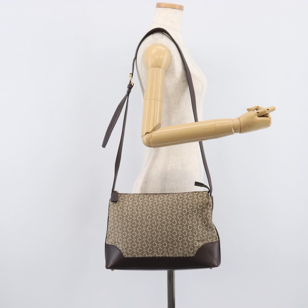 CELINE C Macadam Canvas Shoulder Bag Beige Gold Auth 210876