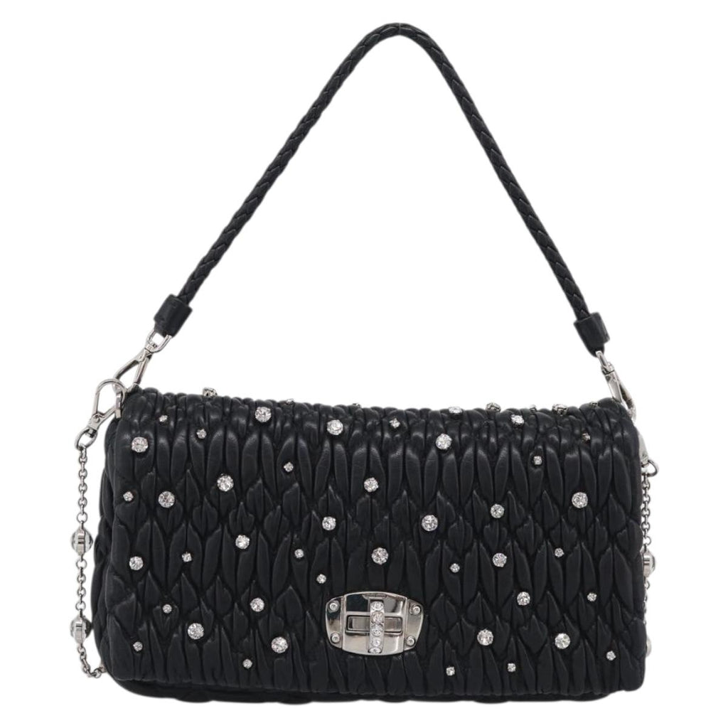 Miu Miu Gathered Chain Shoulder Bag Leather 2way Black Silver Auth 210909SAM
