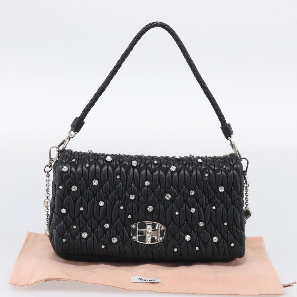 Miu Miu Gathered Chain Shoulder Bag Leather 2way Black Silver Auth 210909SAM