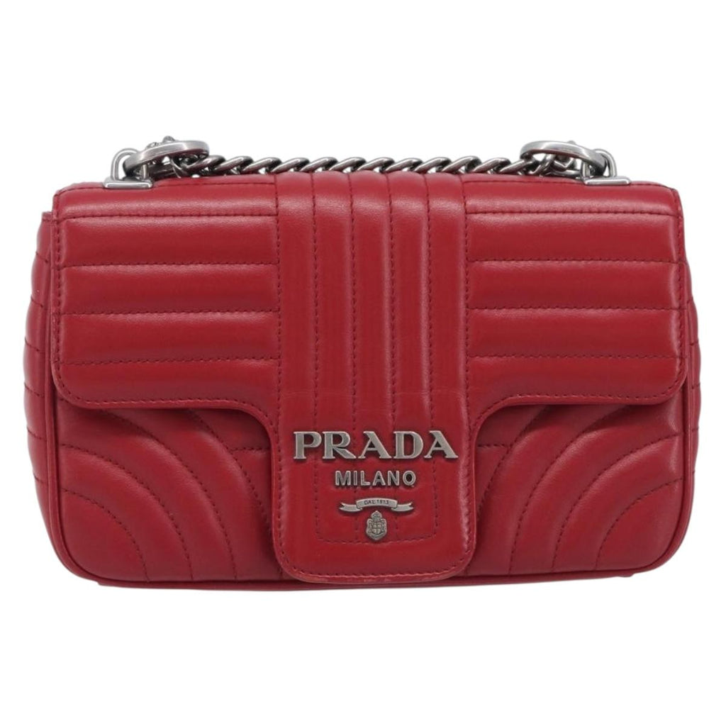 PRADA Chain Shoulder Bag Leather Red Silver Auth 210945V