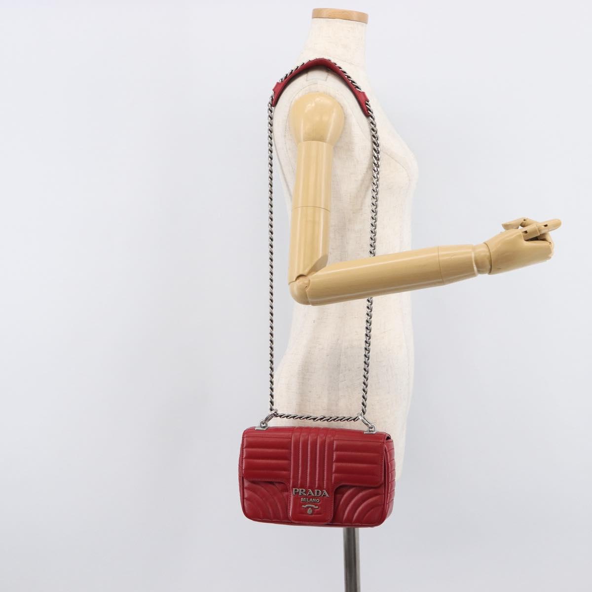 PRADA Chain Shoulder Bag Leather Red Silver Auth 210945V