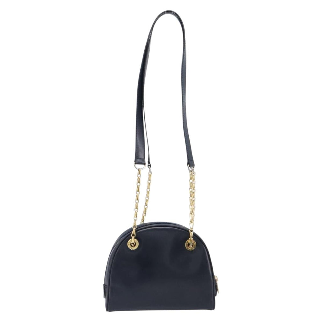 CELINE Circle Chain Shoulder Bag Leather Navy Gold Auth 210950