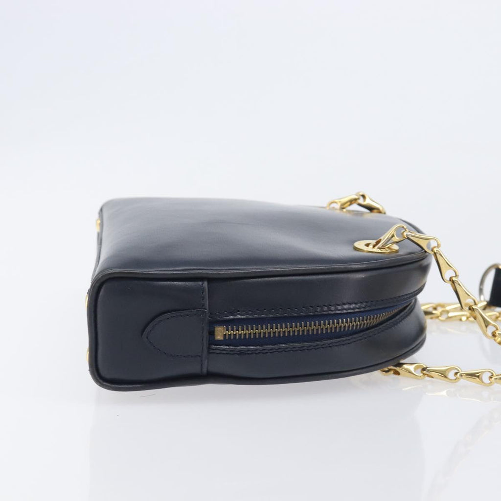 CELINE Circle Chain Shoulder Bag Leather Navy Gold Auth 210950