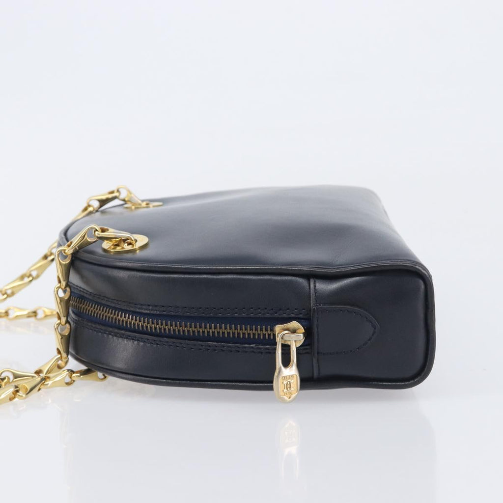 CELINE Circle Chain Shoulder Bag Leather Navy Gold Auth 210950