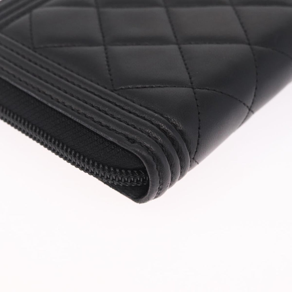 CHANEL Matelasse Boy Chanel Long Wallet Lamb Skin Black Gold CC Auth 210973M